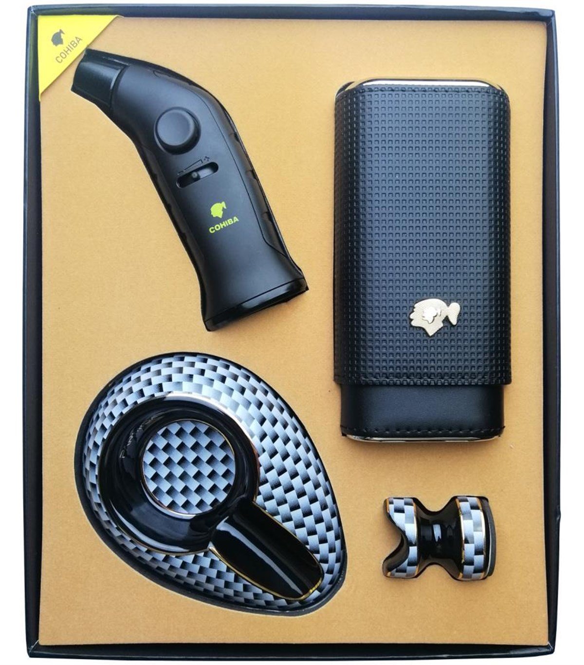 TR3703,Cohiba Masa Tipi Çakmak Tutucu Kılıf Küllük Dörtlü Puro Seti