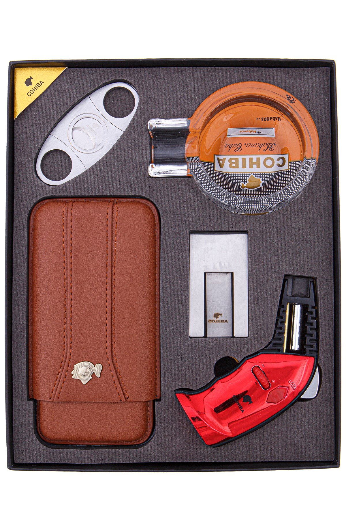 TR4806,Cohiba Masa Tipi Çakmak Kesici Küllük Sehpa Kılıf Beşli Çok Renkli Puro Seti