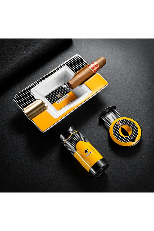 TR7715,Cohiba Özel Seri Çakmak Kesici Küllük Üçlü Sarı Puro Seti