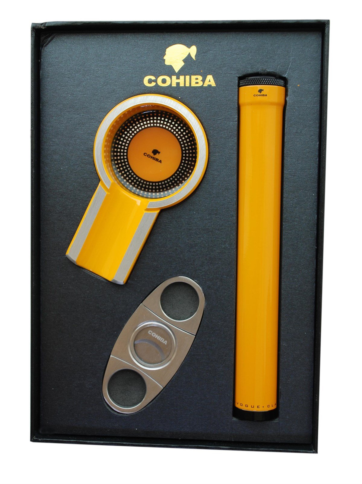 TR1148,Cohiba Sarı Küllük Sarı Puro Tüpü Gümüş Kesici 3'lü Puro Seti