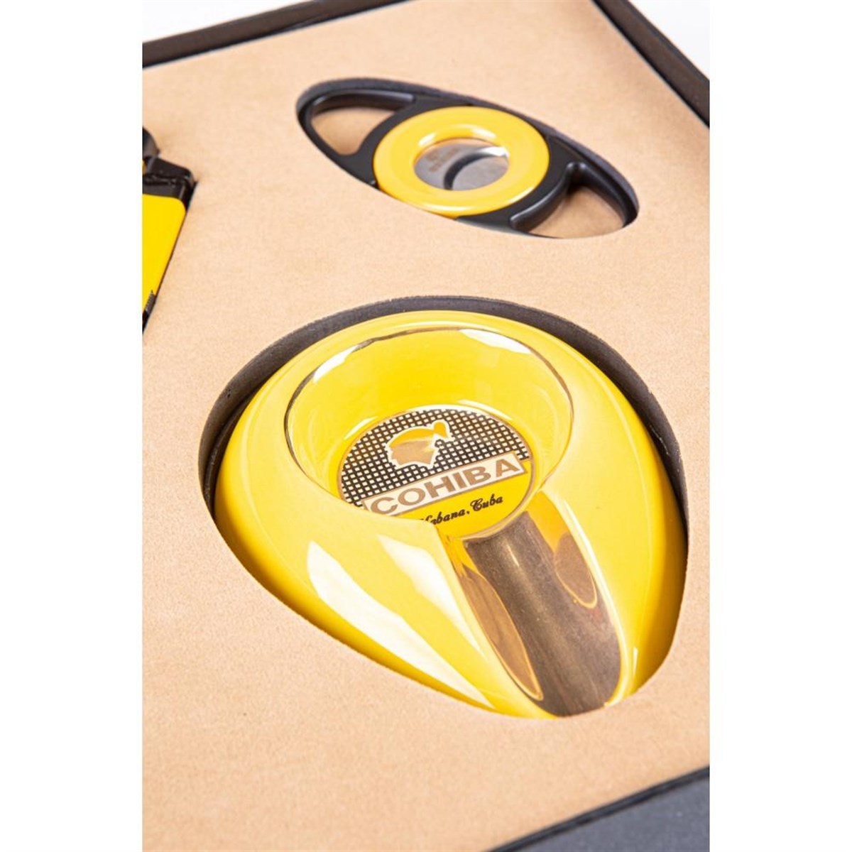 TR3386,Cohiba Üçlü Kesici Çakmak Küllük Sarı-Siyah Set