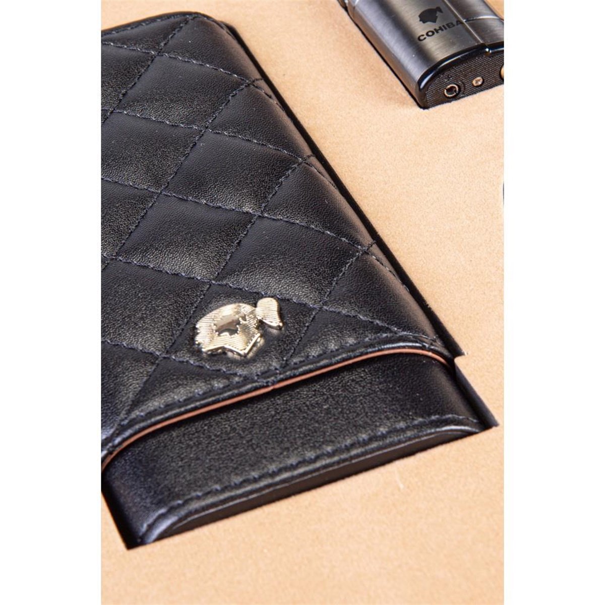 TR3388,Cohiba Üçlü Kesici Çakmak Kılıf Siyah-Gunmetal Set