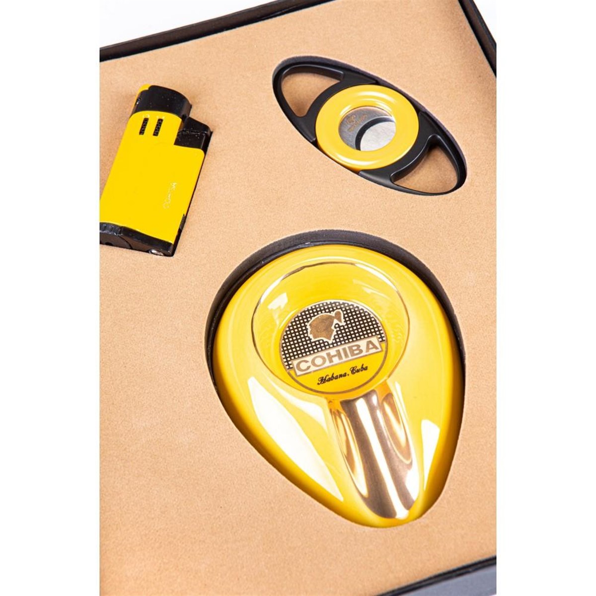 TR3386,Cohiba Üçlü Kesici Çakmak Küllük Sarı-Siyah Set