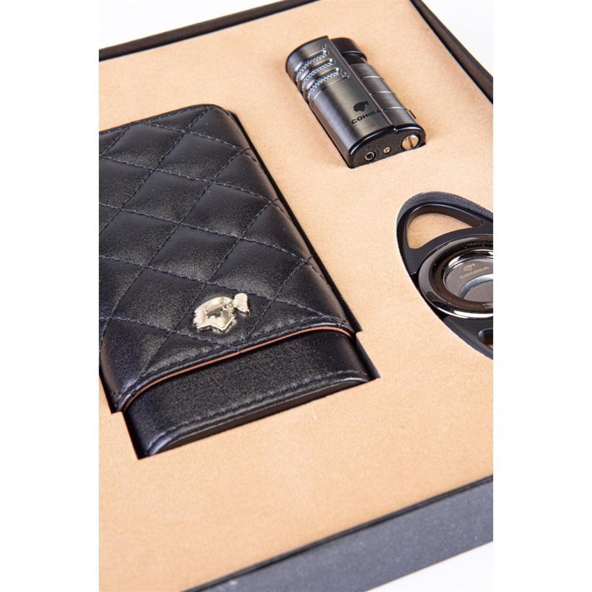 TR3388,Cohiba Üçlü Kesici Çakmak Kılıf Siyah-Gunmetal Set