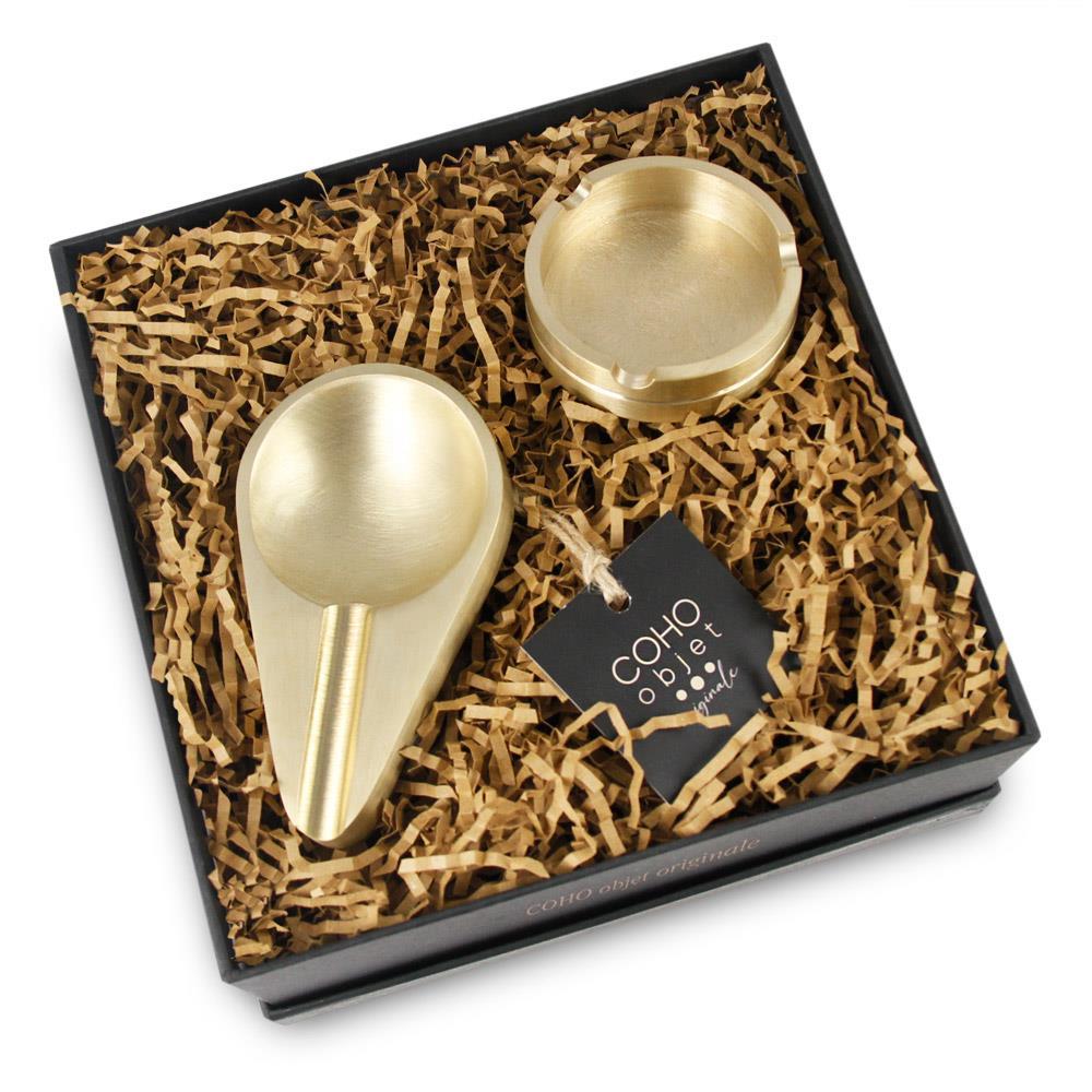 CHO-035,Coho Box Lux Döküm Pirinç İnce Puroluk & Küllük Seti