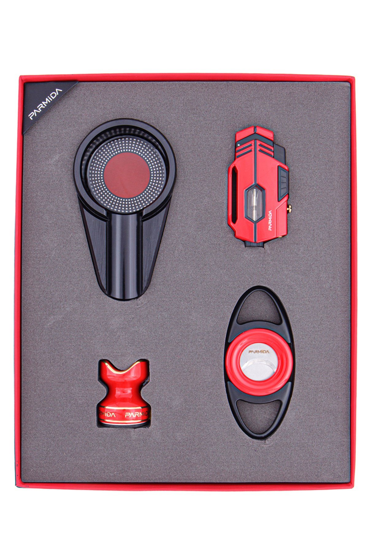 TR4802,Parmida Çakmak Kesici Küllük Masa Dörtlü Kırmızı-Siyah Puro Seti