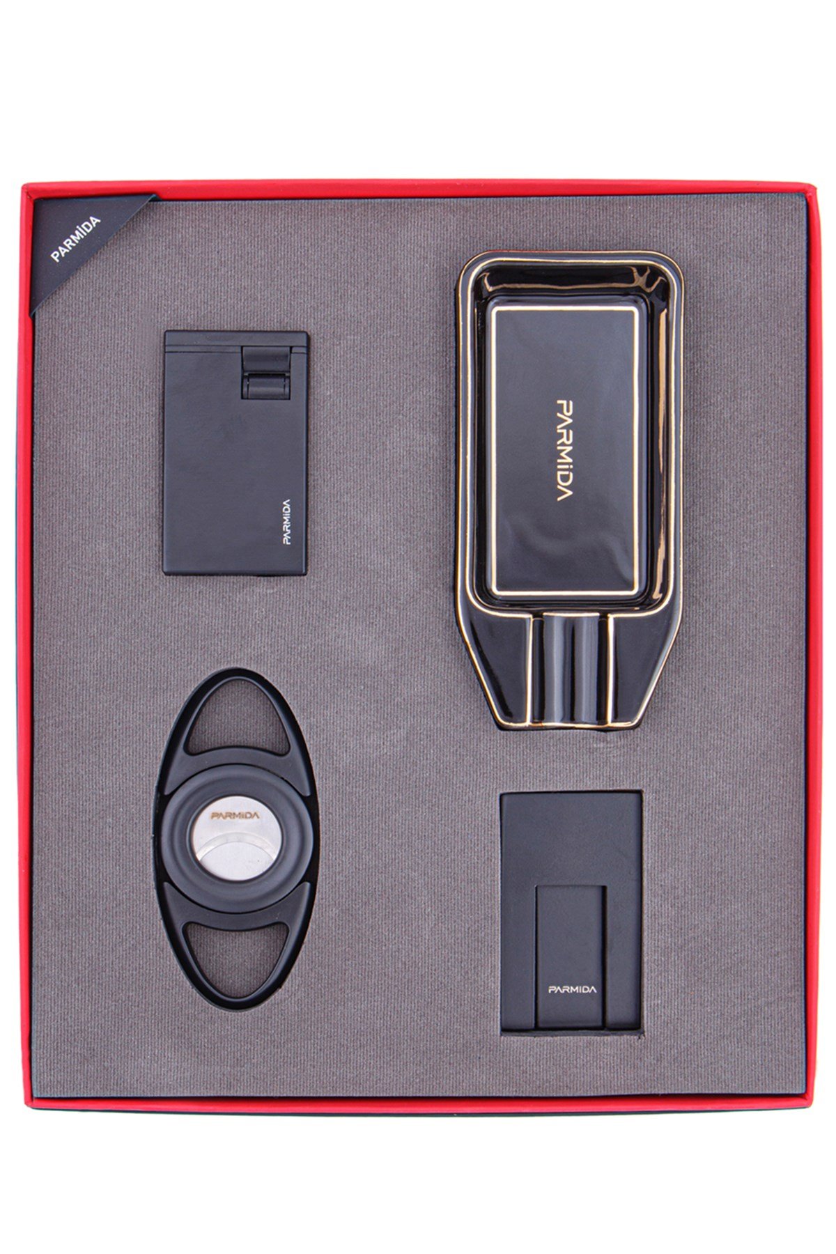 TR4798,Parmida Çakmak Kesici Küllük Sehpa Dörtlü Siyah Puro Seti