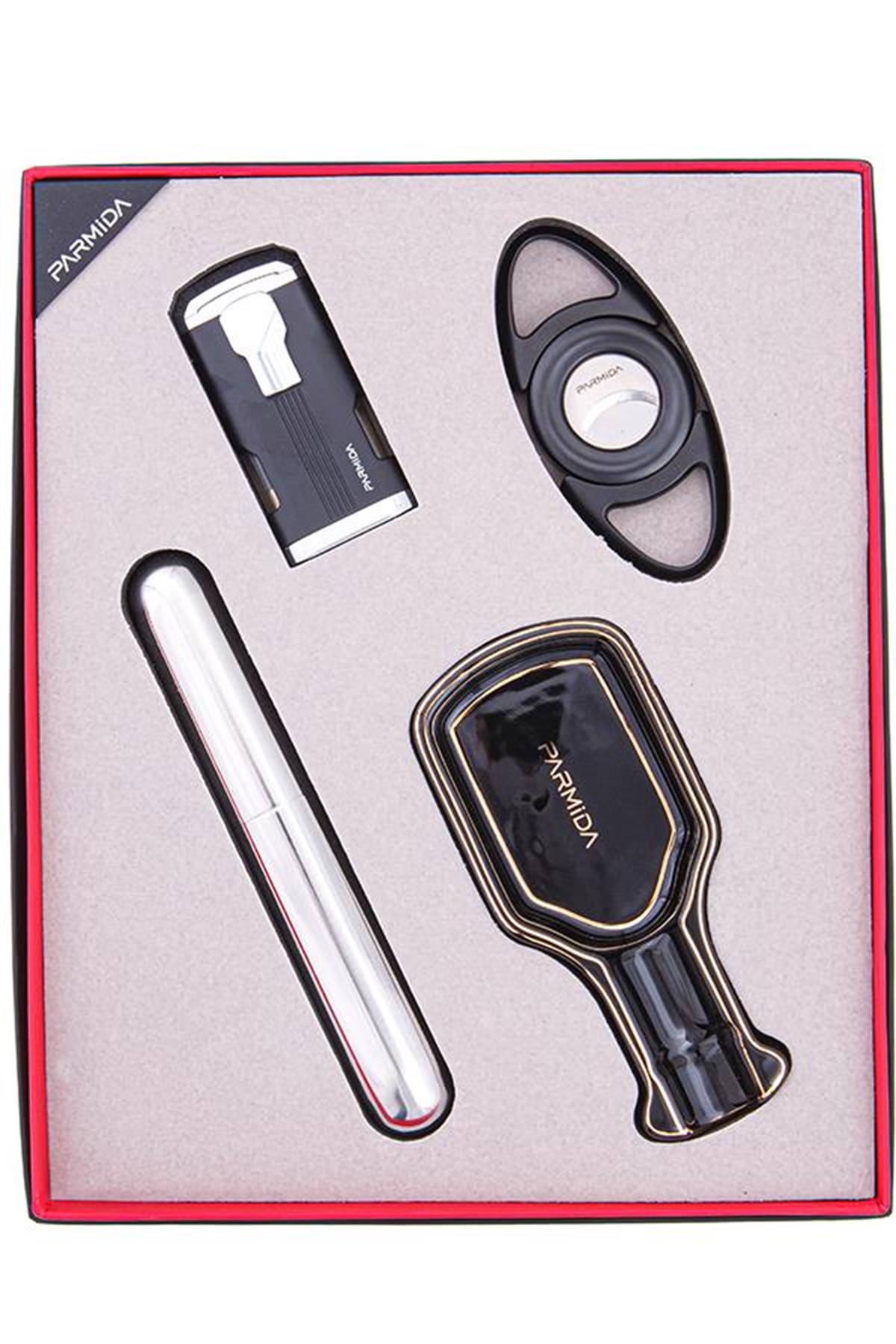 TR4866,Parmida Çakmak Kesici Küllük Tüp Dörtlü Siyah Puro Seti