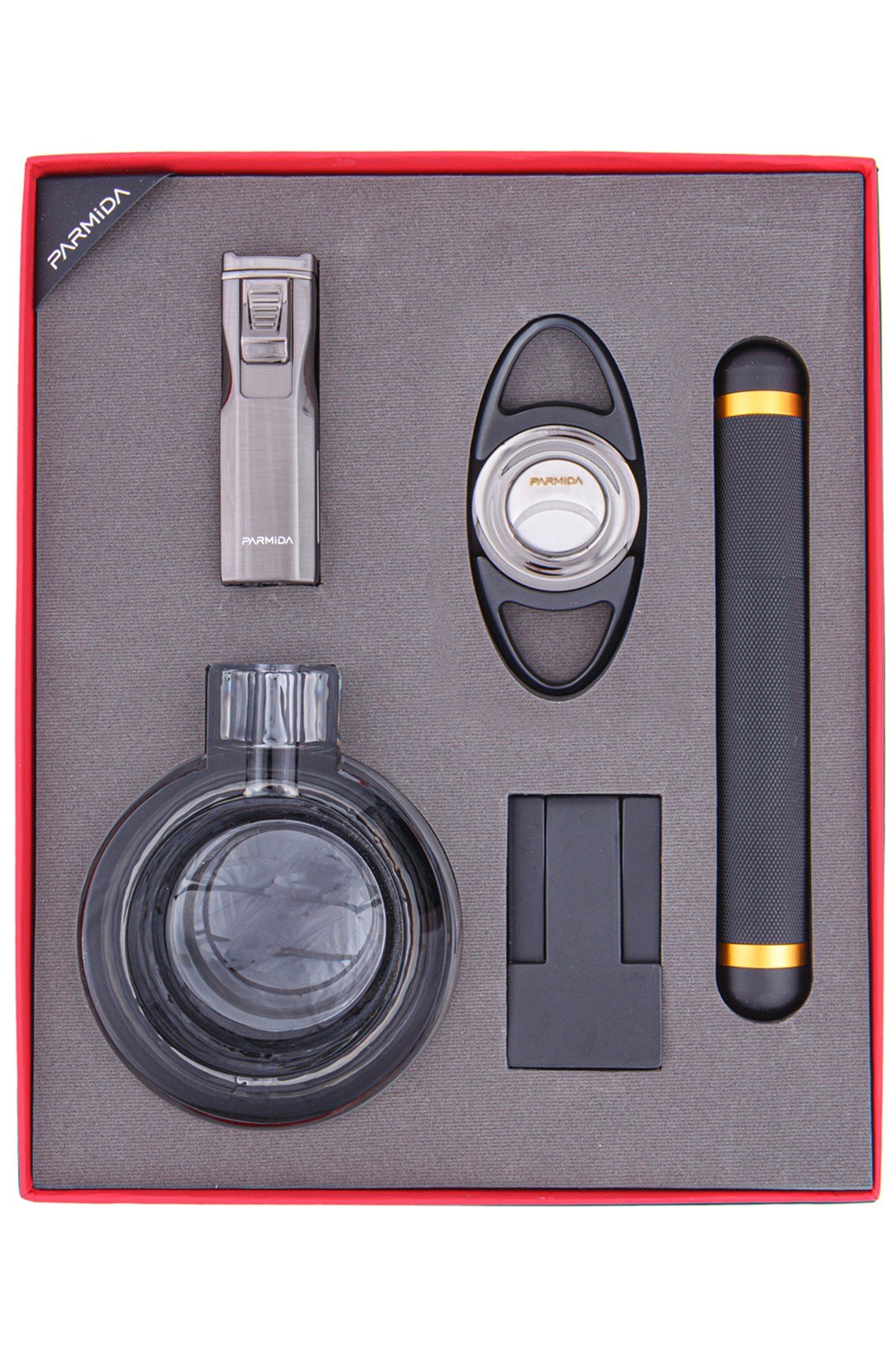 TR4799,Parmida Çakmak Kesici Küllük Sehpa Puro Tüpü Beşli Siyah Puro Seti