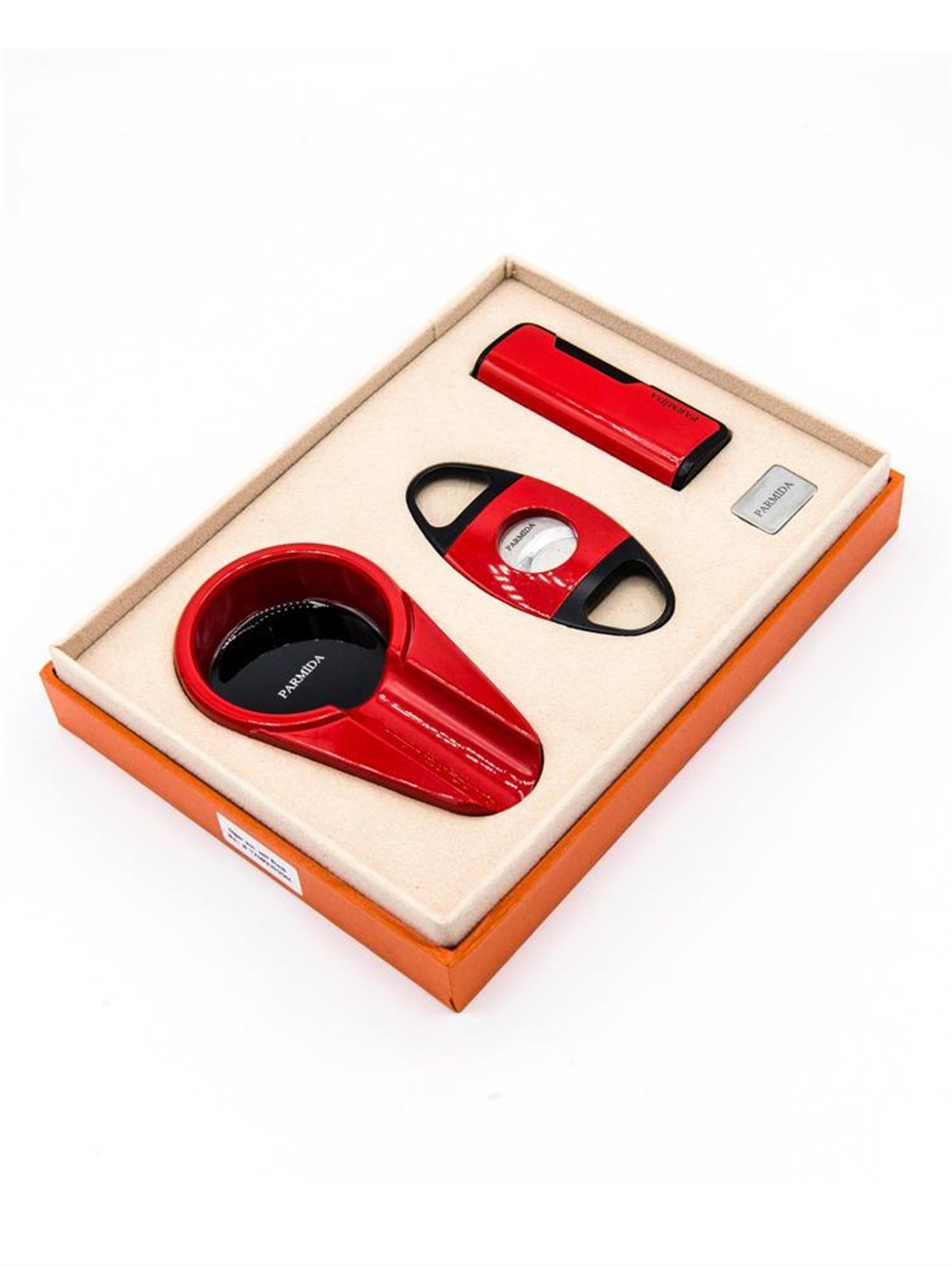 TR1407,Parmida Çakmak Küllük Kesici Üçlü Kırmızı Puro Set