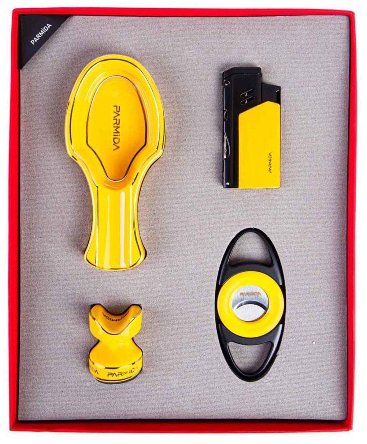 TR3865,Parmida Sarı Çakmak Küllük Kesici Tutucu Dörtlü Puro Seti