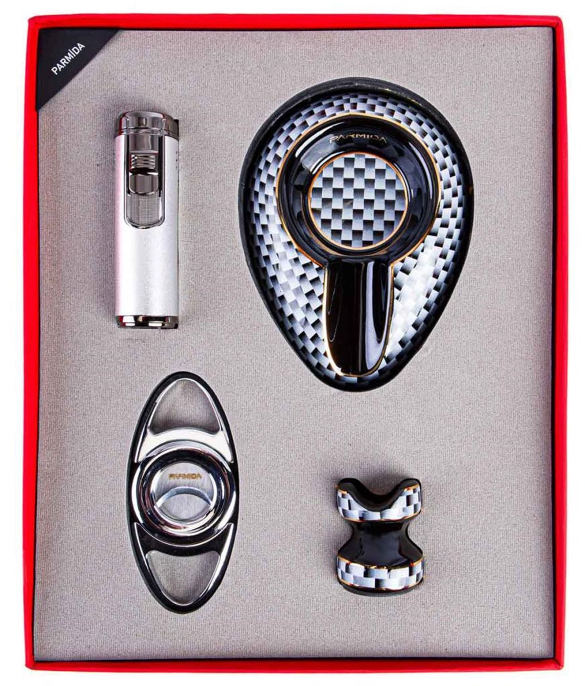 TR3866,Parmida Siyah Beyaz Çakmak Küllük Kesici Tutucu Dörtlü Puro Seti