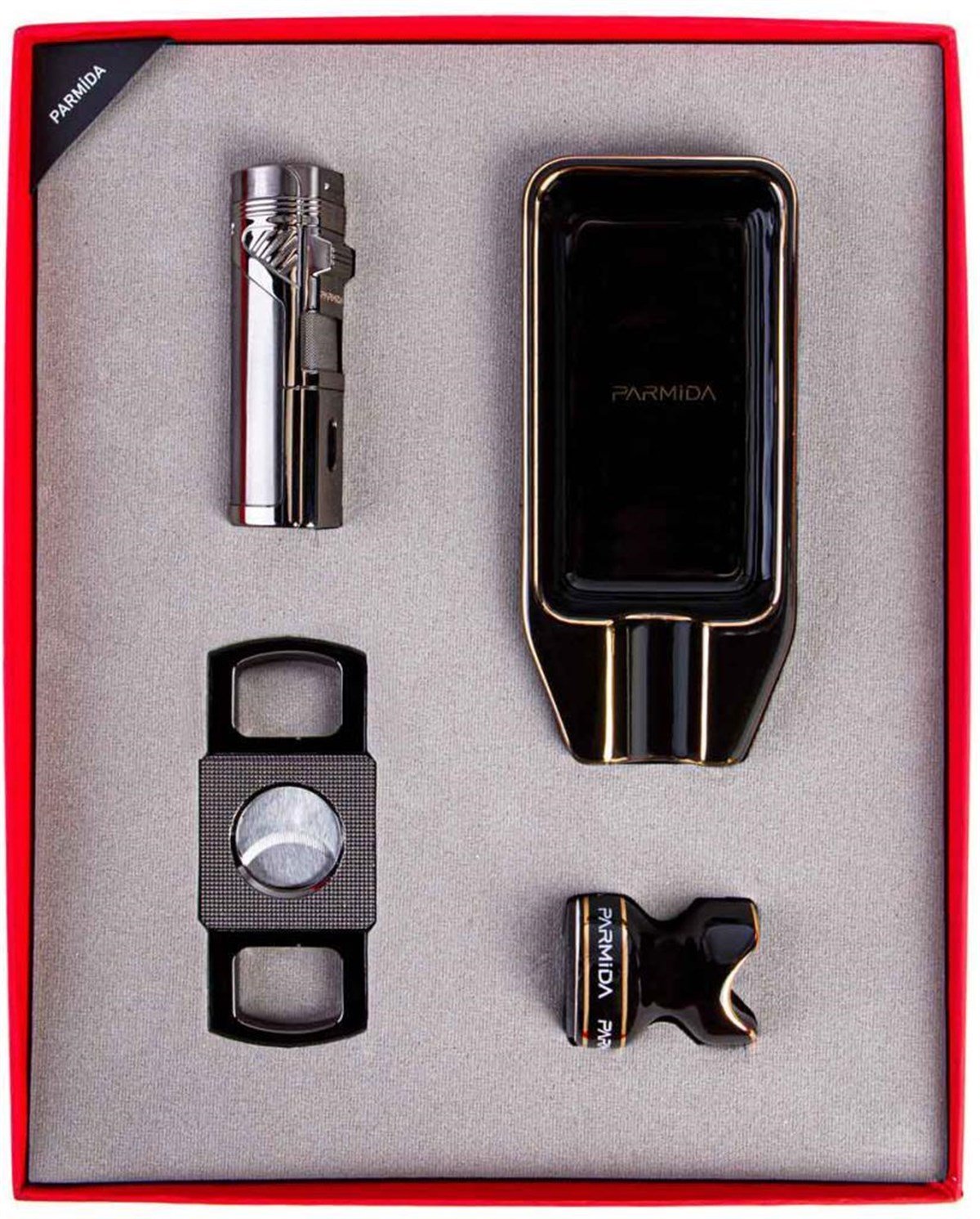 TR3864,Parmida Siyah Çakmak Küllük Kesici Tutucu Dörtlü Puro Seti