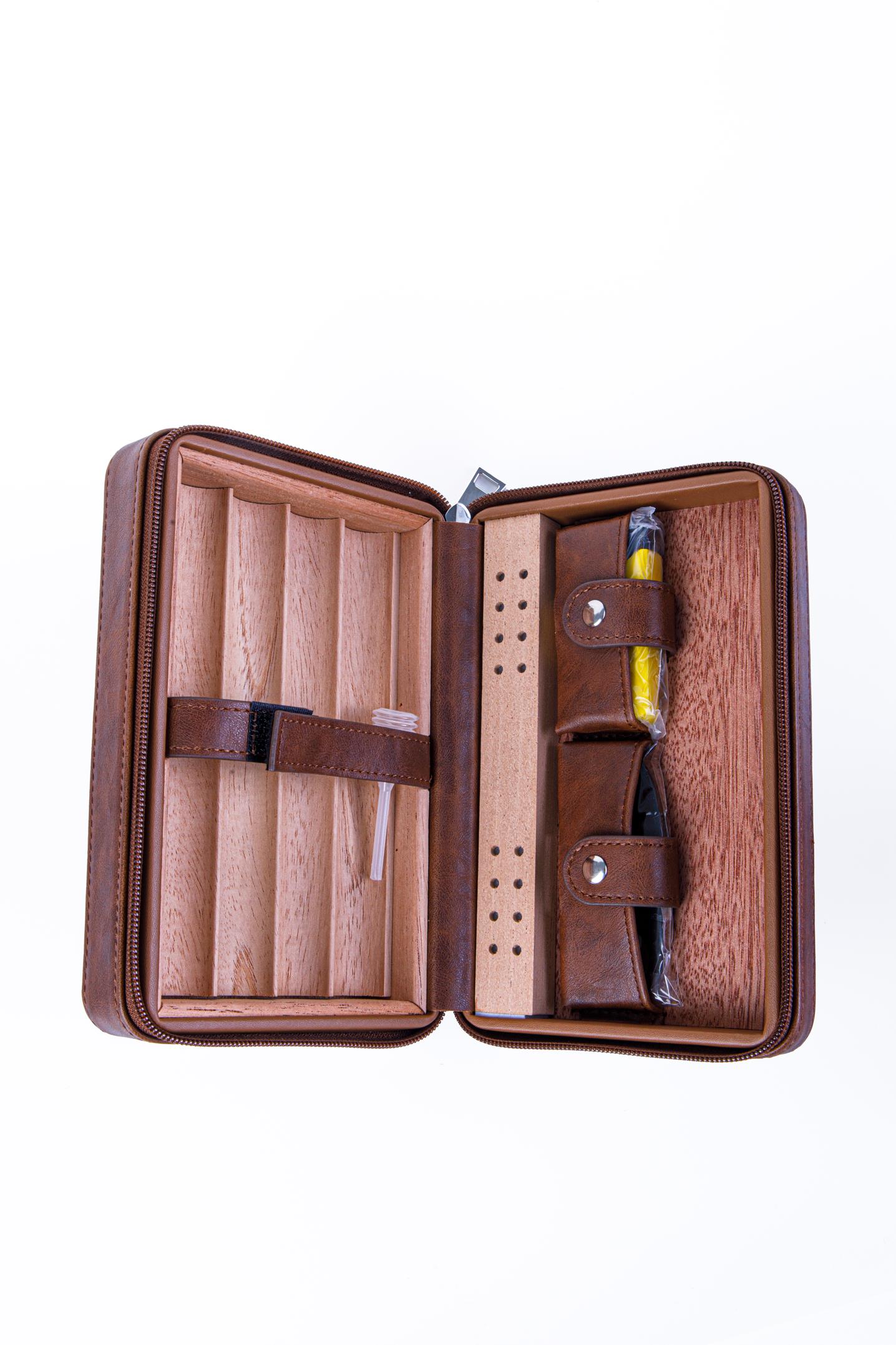 TR8249,Cohiba Kahverengi Çakmak Kesicili Deri Puro Taşıma Çantası & Seyahat Humidoru