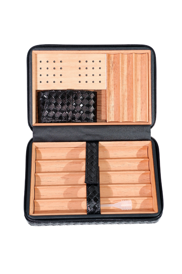 TR8836,Cohiba Dahili Çakmaklı Siyah Mozaik Desenli Deri Puro Taşıma Çantası - Seyahat Humidoru