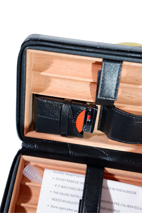 TR8833,Cohiba Dahili Çakmaklı Siyah Desenli Deri Puro Taşıma Çantası - Seyahat Humidoru