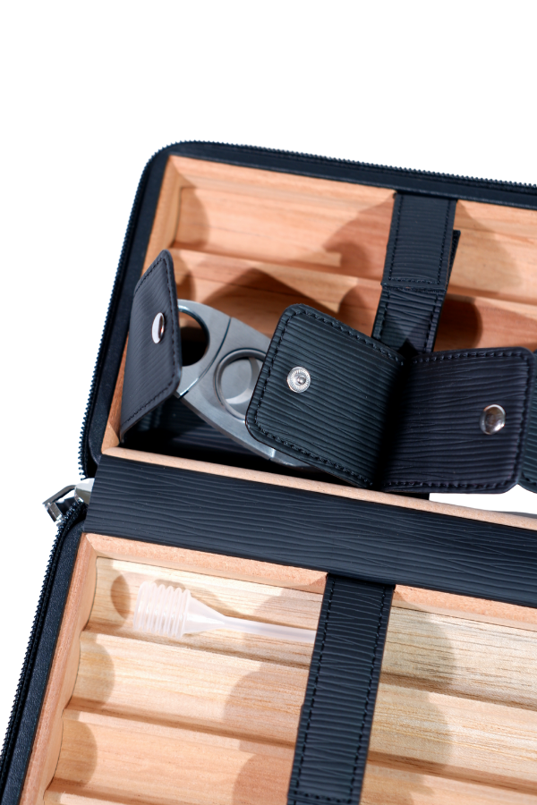 TR8834,Cohiba Çakmak Kesicili Siyah Çizgili Deri Puro Taşıma Çantası - Seyahat Humidoru