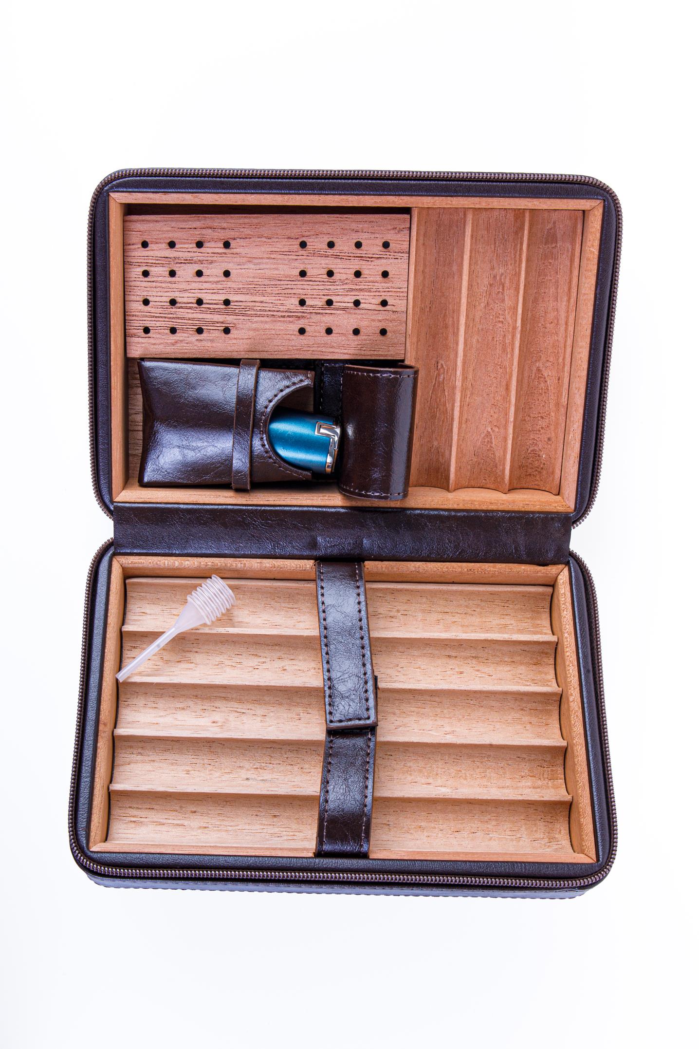 TR8242,Cohiba XL Parlak Kahverengi Dahili Çakmak Deri Puro Taşıma Çantası & Seyahat Humidoru