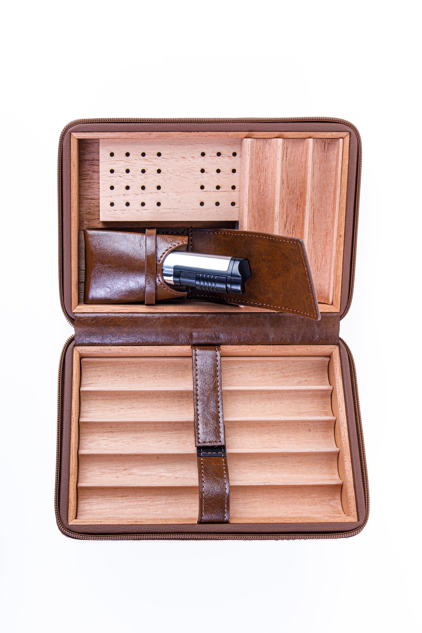 TR8255,Cohiba XL Açık Kahverengi Dahili Çakmak Deri Puro Taşıma Çantası & Seyahat Humidoru