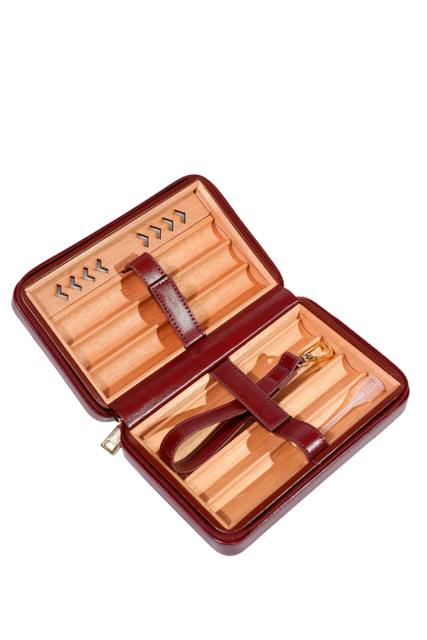 TR8830,Cohiba Çakmak Kesicili Bordo Deri Puro Taşıma Çantası - Seyahat Humidoru