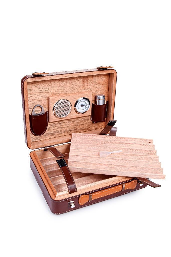 TR6889,Cohiba Çakmak Kesicili XXL Kahverengi Kilit Mekanizmalı Deri Puro Taşıma Çantası