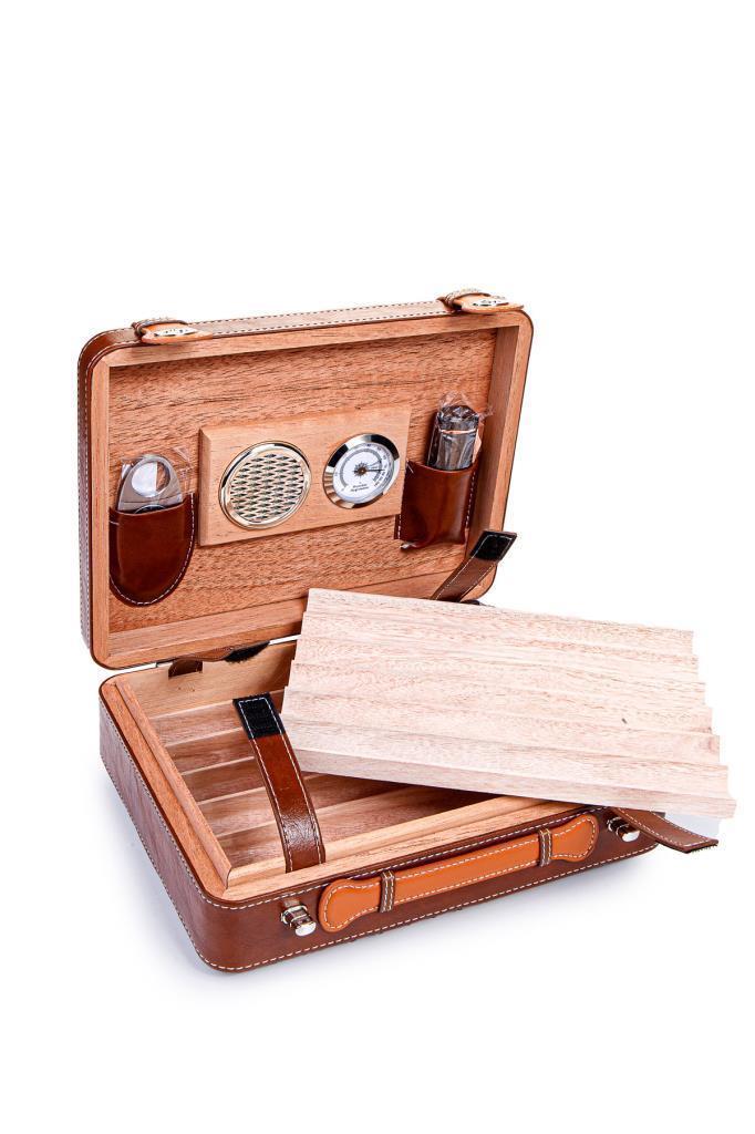 TR6888,Cohiba Çakmak Kesicili XXL Kahverengi-Siyah Kilit Mekanizmalı Deri Puro Taşıma Çantası