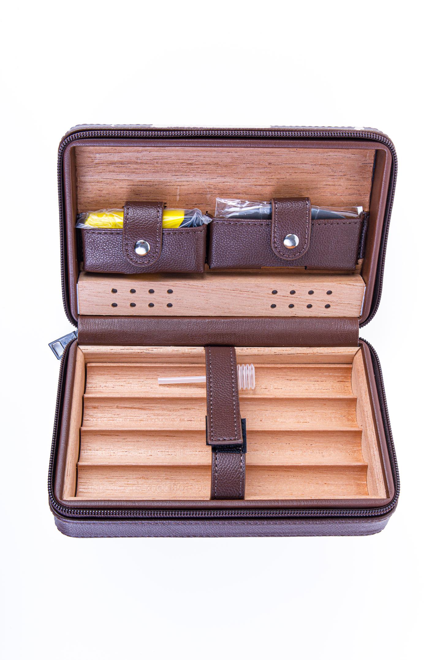 TR8253,Cohiba Kahverengi Çakmak Kesicili Deri Puro Taşıma Çantası & Seyahat Humidoru