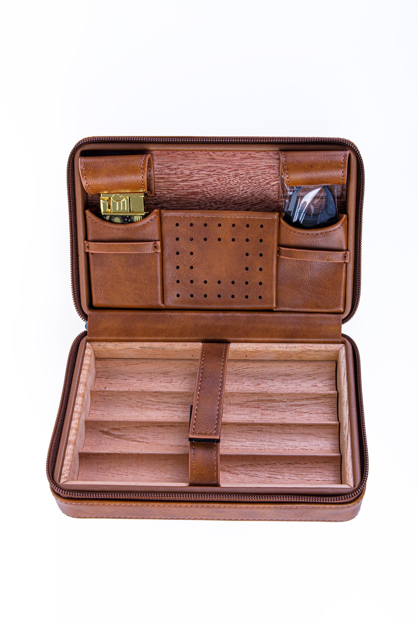TR8251,Cohiba Açık Kahverengi Çakmak Kesicili Deri Puro Taşıma Çantası & Seyahat Humidoru