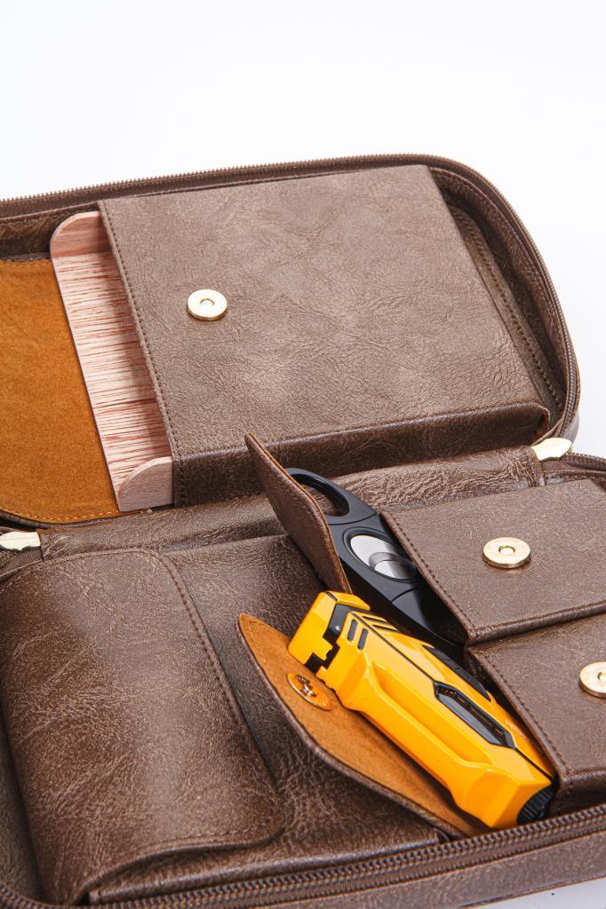 TR6903,Cohiba Çakmak Kesicili Gri Deri Puro Taşıma Çantası