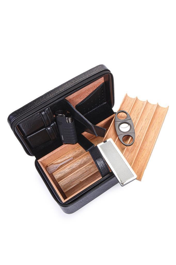 TR6886,Cohiba Çakmak Kesicili XL Siyah Deri Puro Taşıma Çantası