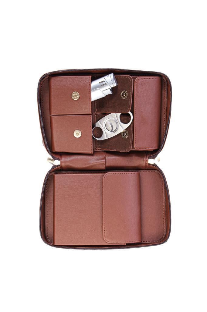 TR6905,Cohiba Çakmak Kesicili Koyu Kahverengi Deri Puro Taşıma Çantası