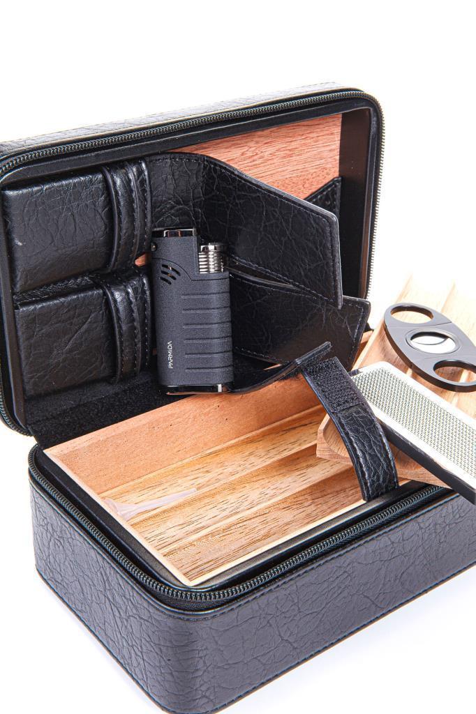 TR6886,Cohiba Çakmak Kesicili XL Siyah Deri Puro Taşıma Çantası