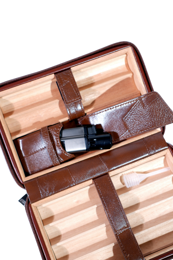 TR8831,Cohiba  Dahili Çakmaklı Kahverengi Desenli Deri Puro Taşıma Çantası - Seyahat Humidoru