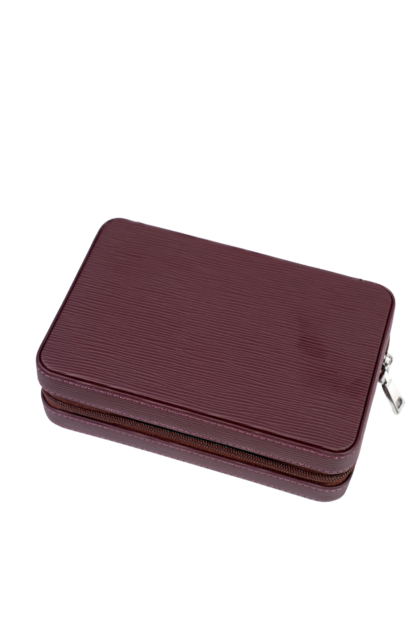 TR8835,Cohiba Bordo Çizgili Dahili Çakmak Kesicili Deri Puro Taşıma Çantası - Seyahat Humidoru