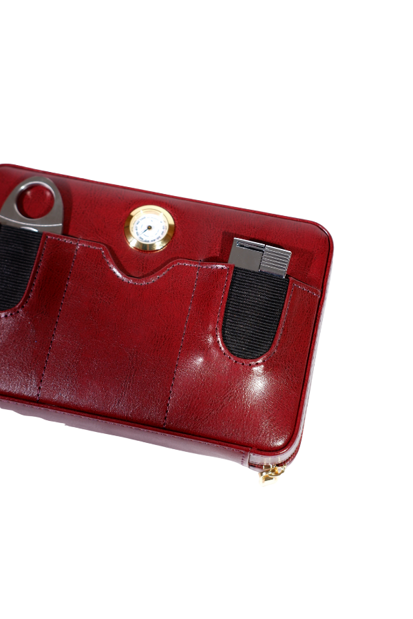 TR8830,Cohiba Çakmak Kesicili Bordo Deri Puro Taşıma Çantası - Seyahat Humidoru