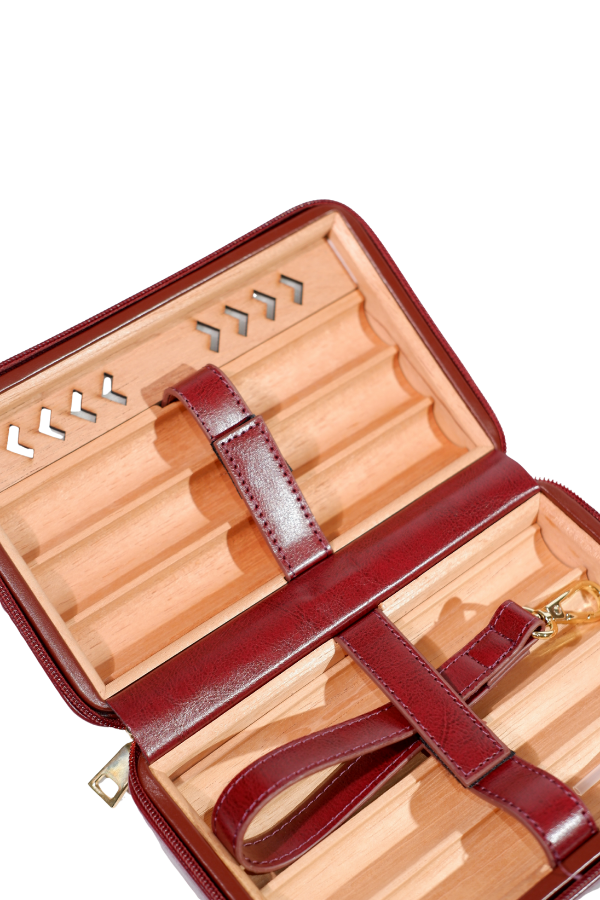TR8830,Cohiba Çakmak Kesicili Bordo Deri Puro Taşıma Çantası - Seyahat Humidoru