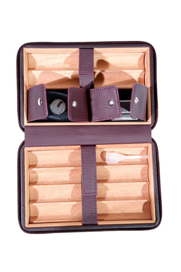 TR8835,Cohiba Bordo Çizgili Dahili Çakmak Kesicili Deri Puro Taşıma Çantası - Seyahat Humidoru