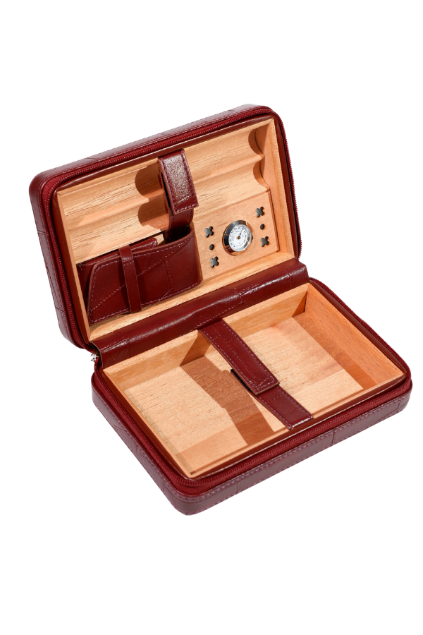 TR8832,Cohiba Dahili Çakmaklı Bordo Desenli Deri Puro Taşıma Çantası - Seyahat Humidoru