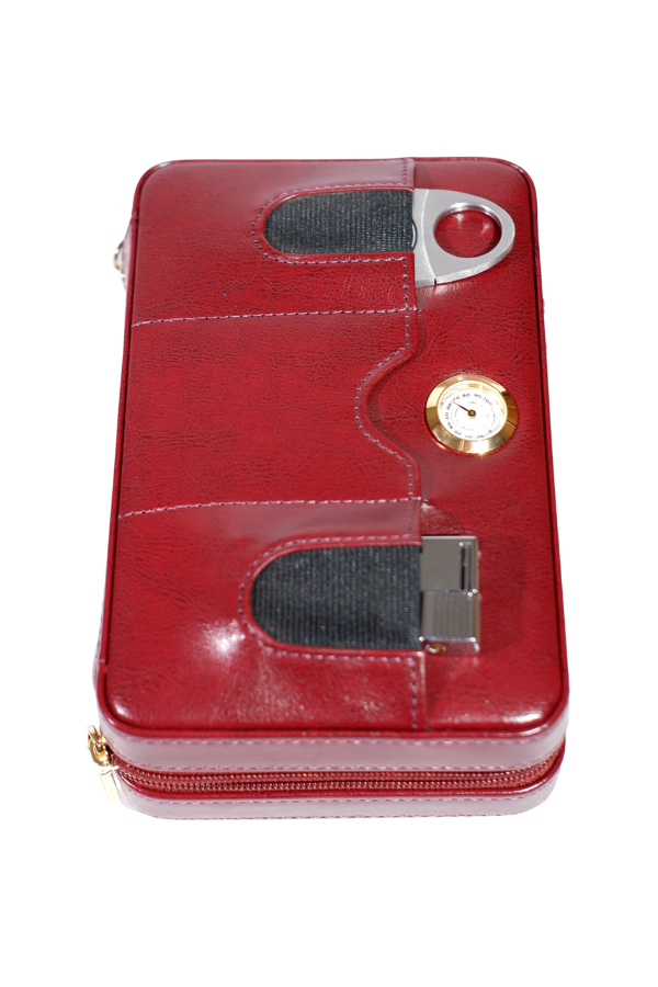 TR8830,Cohiba Çakmak Kesicili Bordo Deri Puro Taşıma Çantası - Seyahat Humidoru