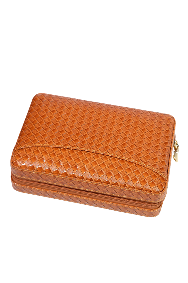 TR8837,Cohiba Dahili Çakmaklı Kahverengi Mozaik Desenli Deri Puro Taşıma Çantası - Seyahat Humidoru