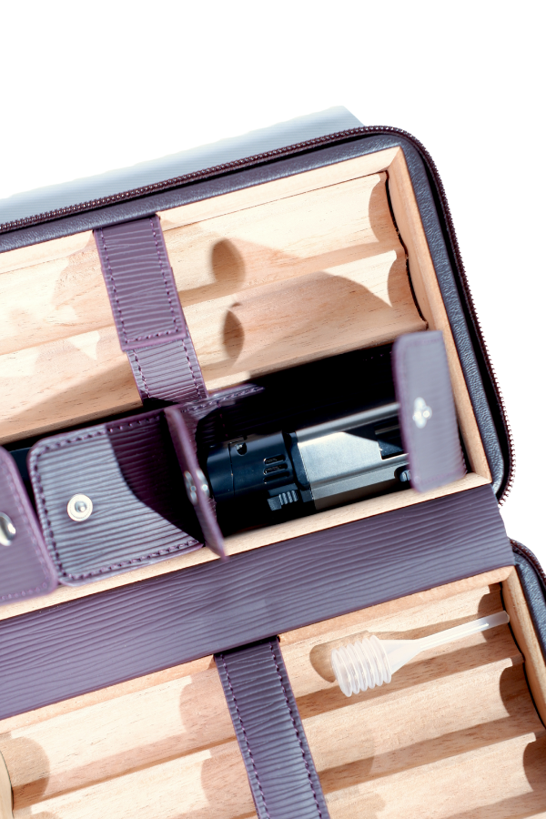 TR8835,Cohiba Bordo Çizgili Dahili Çakmak Kesicili Deri Puro Taşıma Çantası - Seyahat Humidoru