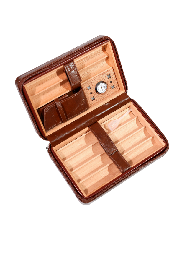 TR8831,Cohiba  Dahili Çakmaklı Kahverengi Desenli Deri Puro Taşıma Çantası - Seyahat Humidoru