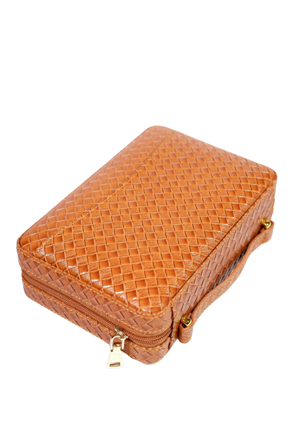 TR8837,Cohiba Dahili Çakmaklı Kahverengi Mozaik Desenli Deri Puro Taşıma Çantası - Seyahat Humidoru