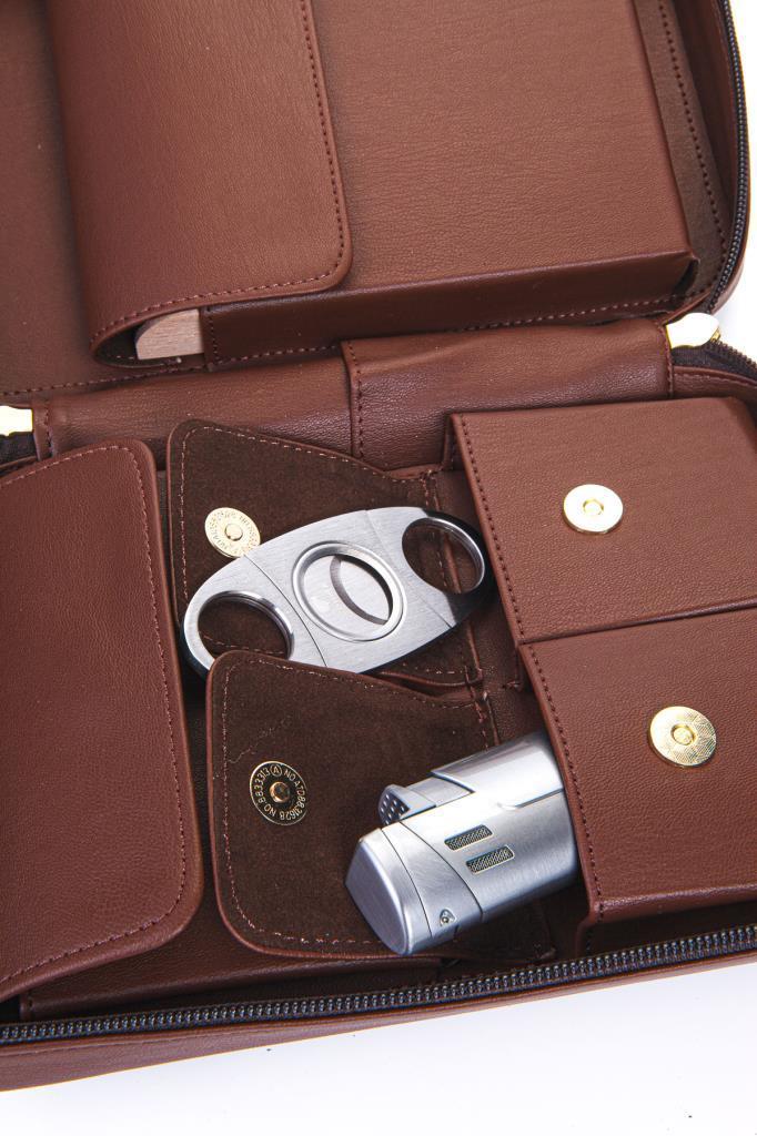 TR6905,Cohiba Çakmak Kesicili Koyu Kahverengi Deri Puro Taşıma Çantası