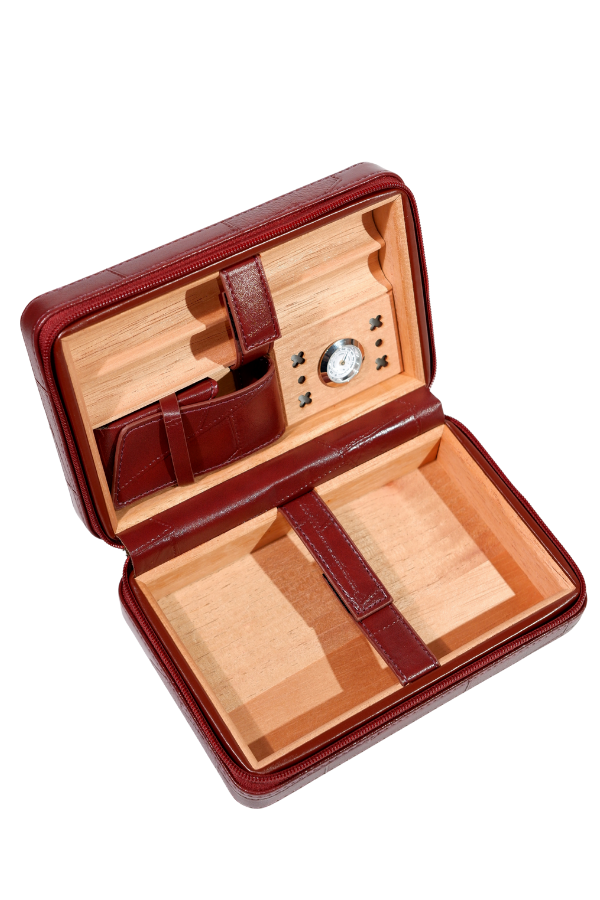 TR8832,Cohiba Dahili Çakmaklı Bordo Desenli Deri Puro Taşıma Çantası - Seyahat Humidoru