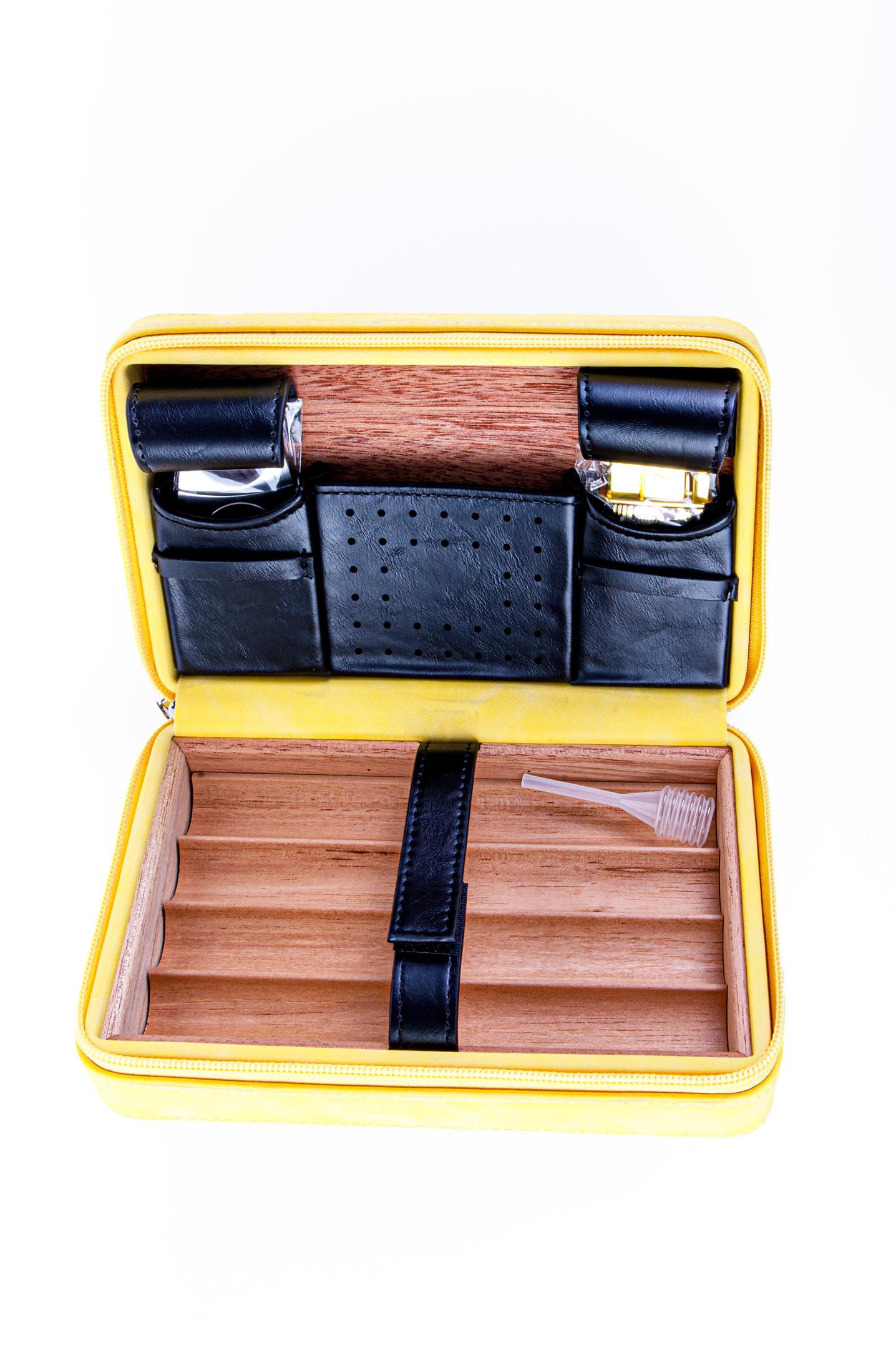 TR8258,Cohiba Sarı-Siyah Çakmak Kesicili Deri Puro Taşıma Çantası & Seyahat Humidoru