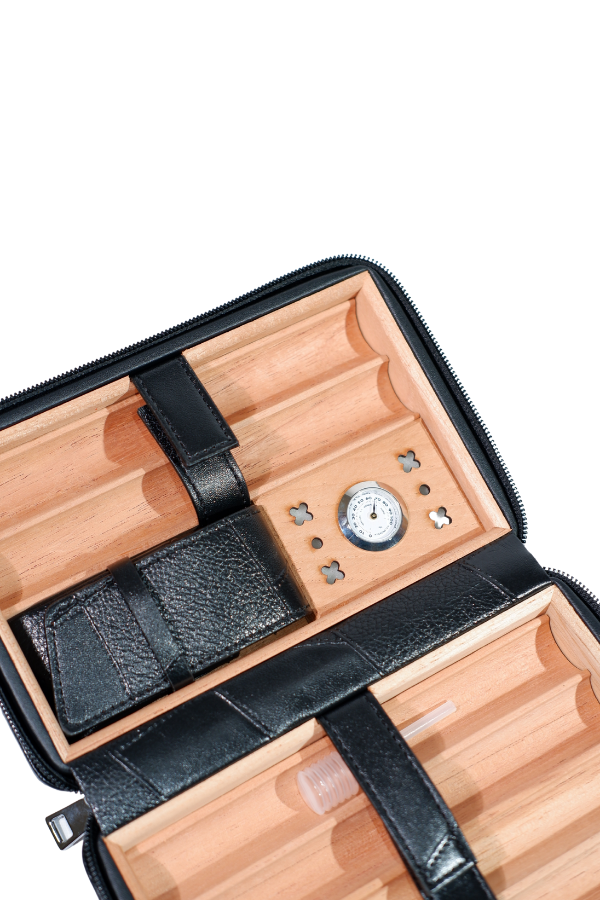 TR8833,Cohiba Dahili Çakmaklı Siyah Desenli Deri Puro Taşıma Çantası - Seyahat Humidoru