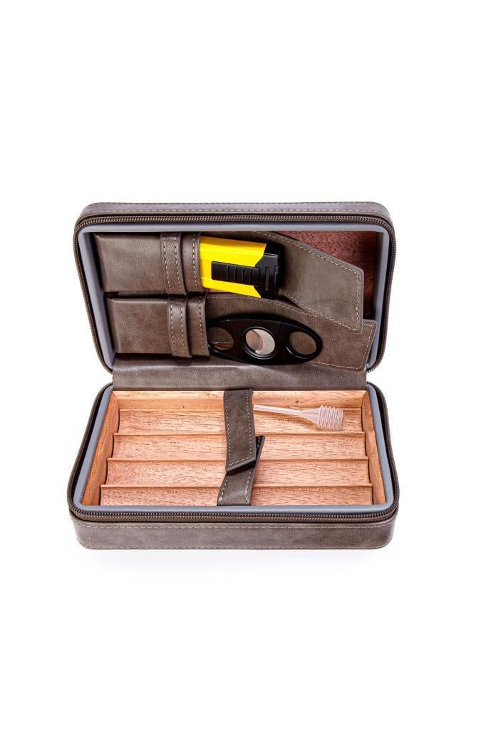 TR6893,Cohiba Çakmak Kesicili Gri Deri Puro Taşıma Çantası