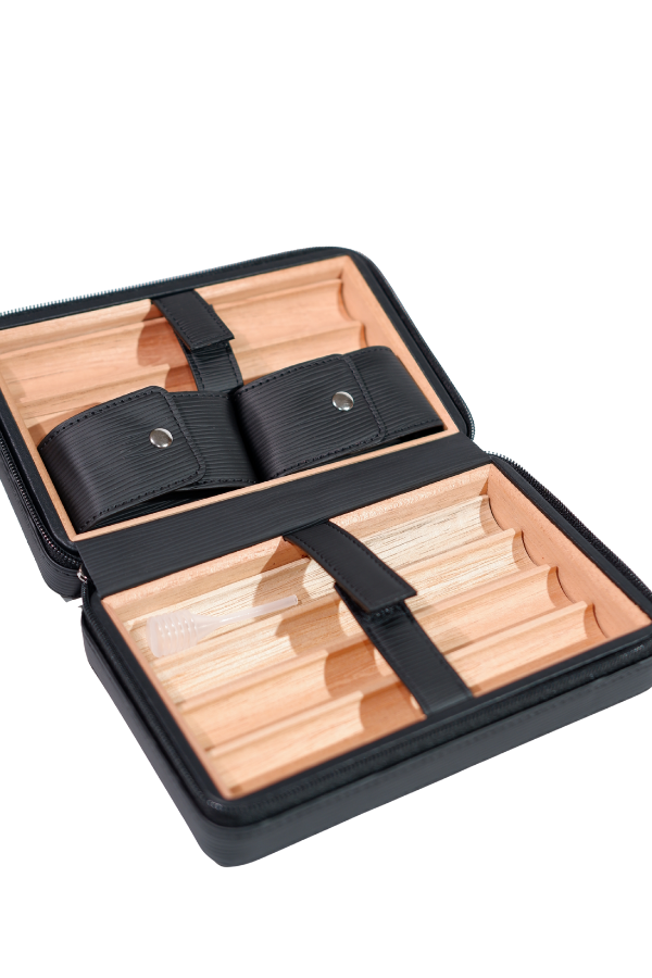 TR8834,Cohiba Çakmak Kesicili Siyah Çizgili Deri Puro Taşıma Çantası - Seyahat Humidoru