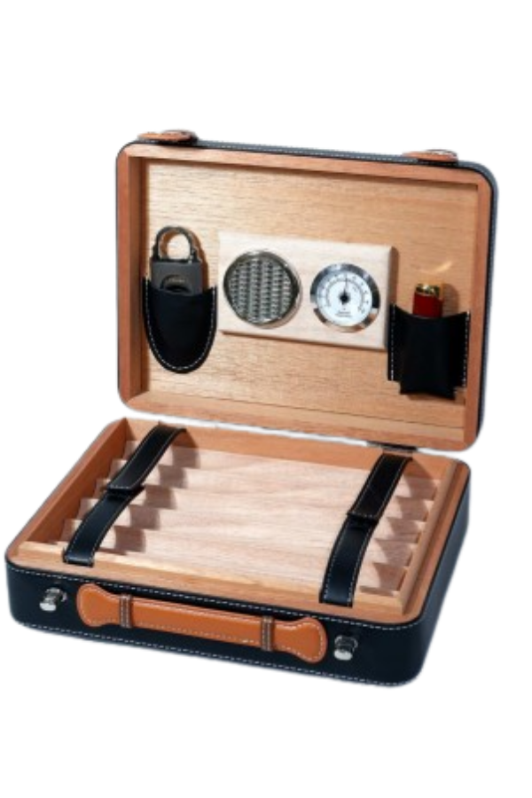 TR9066,PQ Çakmak Kesicili XXL Siyah Deri Puro Taşıma Çantası & Seyahat Humidoru